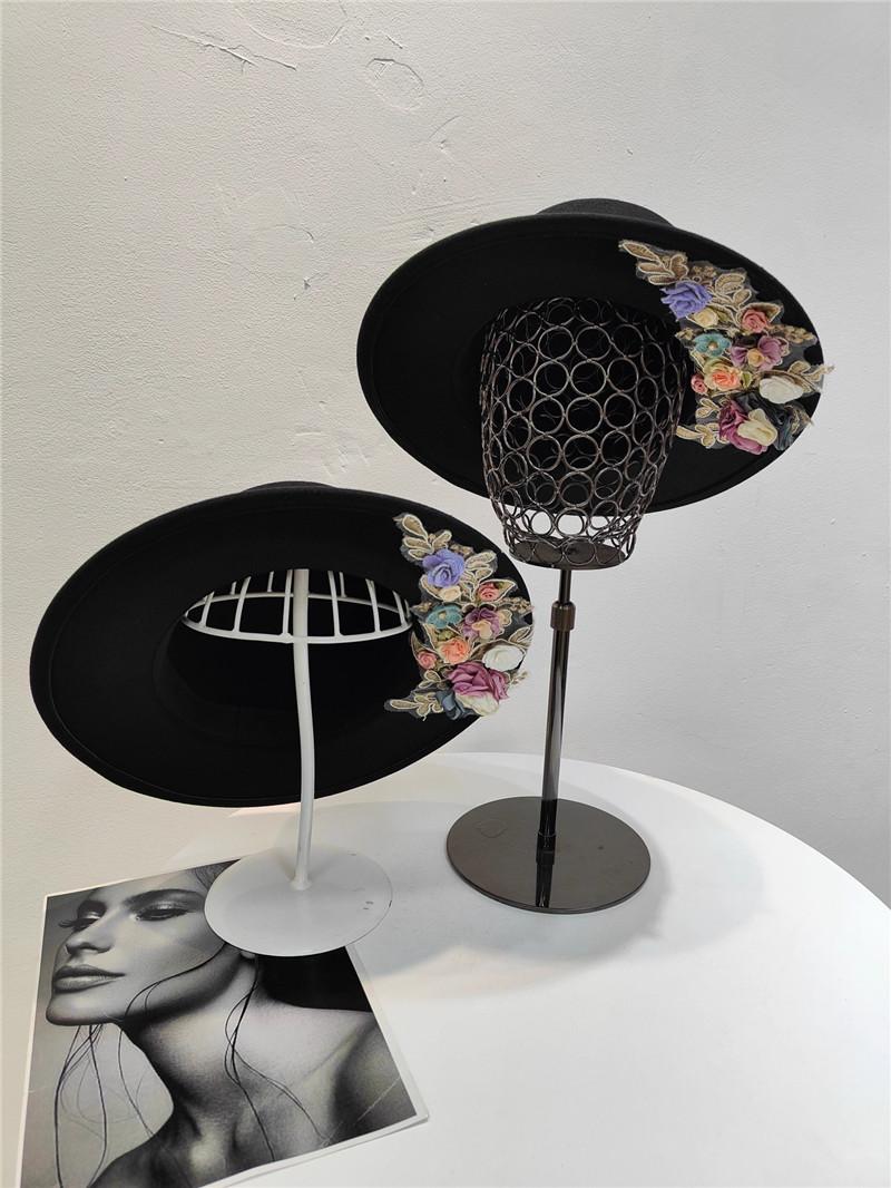 My Extreme Outdoor Activities Women's Black 202510-Shi Ins Chic Autumn Polyester Embroidery Lace Flower Elegant Retro Lady Fedoras Cap Leisure Panama Jazz Hat Cm
