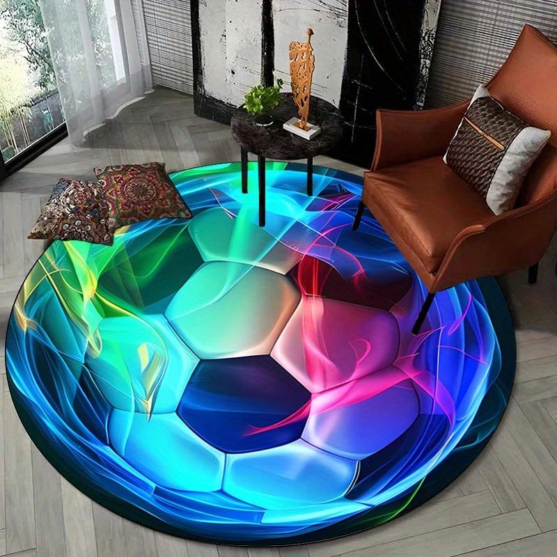 Soft Soccer Themed Round Rug, Non-Slip Washable Polyester Carpet for Living Room, Bedroom, Office Decor Mat, Cozy Gift