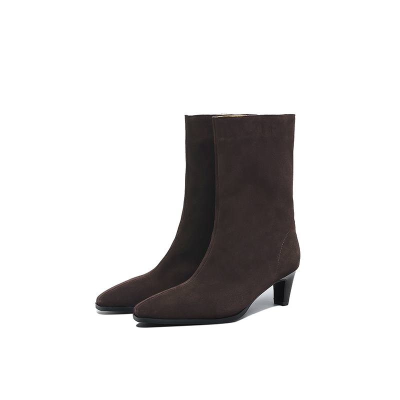 Krazing Pot Cow Suede Nubuck Autumn Winter Shoes Thick High Heels Big Size 43 Modern Boots Square Toe Keep Warm Slip on Mid-calf Boots