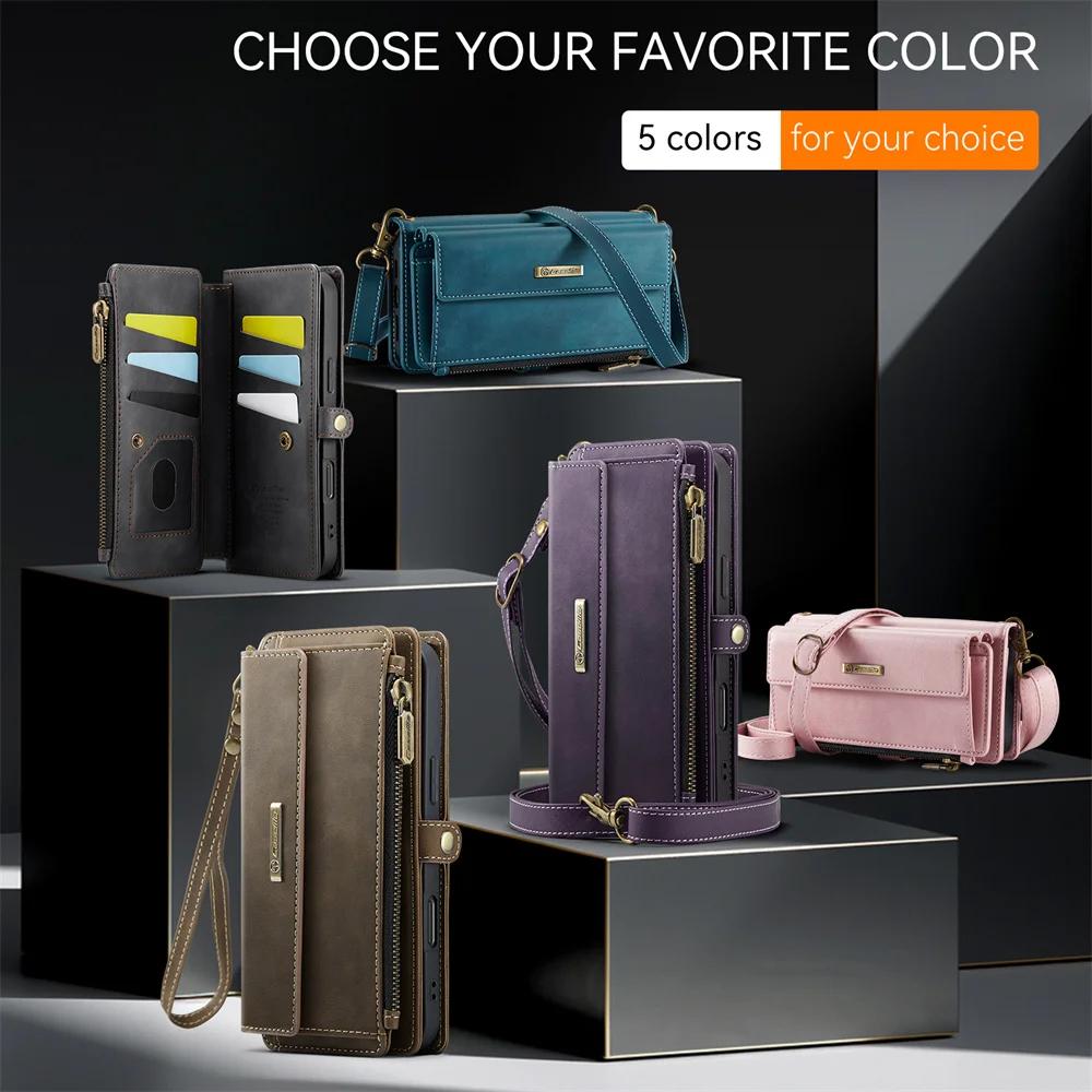 Retro Crossbody Zipper Purse Case for IPhone 17 Air 16 15 14 13 12 11 Pro Max XR XS PU Leather Vintage Card Slots Wallet Cover