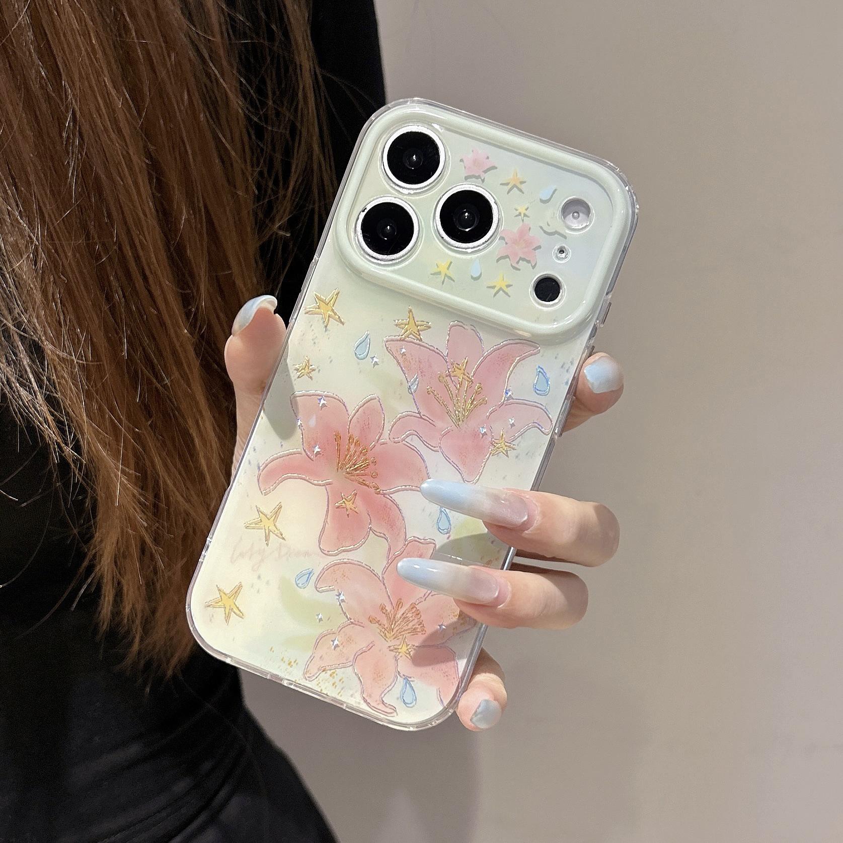 

Pink Lily on Green Base Phone Case for iPhone 16, Apple 17 Pro Max, with Chain fits 16PM - For Women iPhone 14