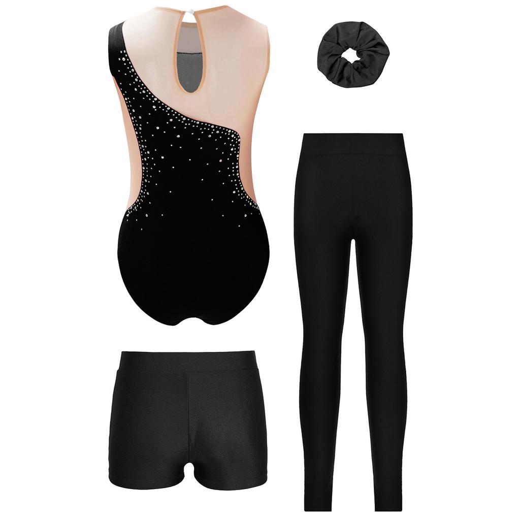 Mädchen Glitzer Strass Turnen Leotard Set Bund Shorts Leggings Kopfbedeckung Eiskunstlauf Outfit