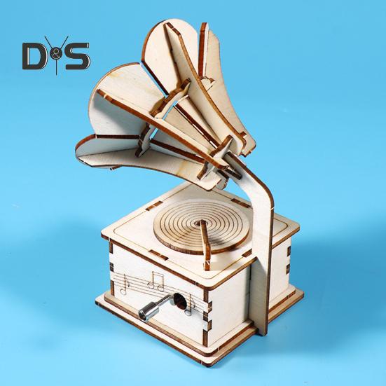 1 Set DIY Retro Gramophone Model Kit Handmade Wooden Puzzle Hand-cranked Phonograph Building Crafts Record Player STEM Project Kids Educational Toy