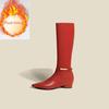 Fashion New Solid Color Cowhide 2.5cm Low Heel Knee High Boots Autumn Winter Fashion Warm Plush Red Black Spicy Girl Women Boots 34-43