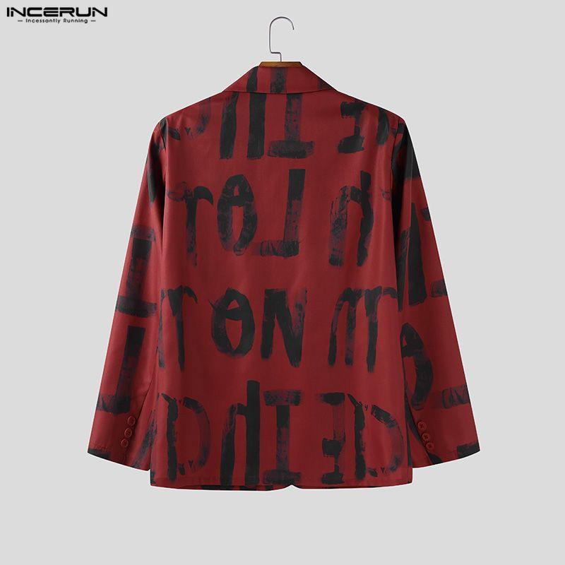 INCERUN Oversized Spring Men Lapel Neck Long Sleeve Print Button Thin Blazer Coats