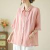 Casual Loose and Thin Cotton and Linen Thin Short-sleeved Shirt Top Summer New Versatile Solid Color POLO Neck Cardigan Women