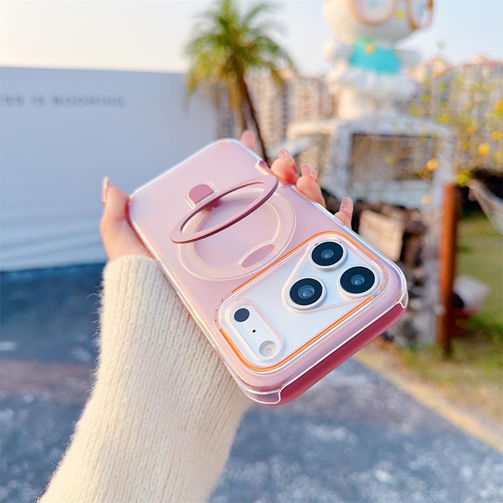 Luxury Matte Magnetic Clear Phone Case For iPhone 17 Air 16 Plus 15 12 13 14 Pro Max For Magsafe Metal Ring Stand Holder Cover