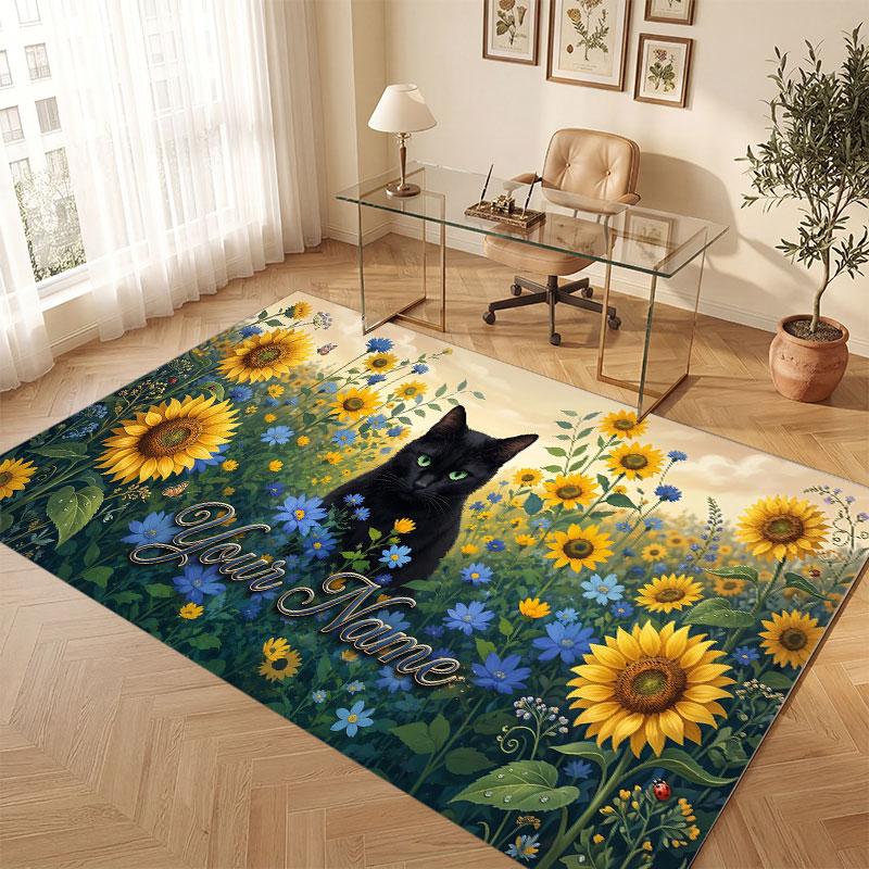 Cat Theme Crystal Velvet Floor Rug Personalized Custom Name Text Warm Carpet Home Decoration