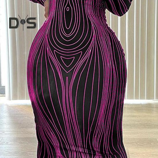 Damen-Maxikleid, schmale Passform, schmal, langärmelig, elastisch, Rundhalsausschnitt, gestreift, weich, dünn, knöchellang, Damen-Partykleid für Frühling und Herbst