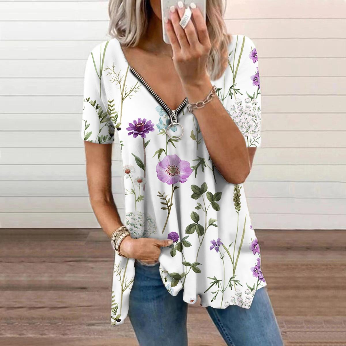 

Женский топ, летний новый модный синий полый топ с цветочным принтом, повседневный топ на молнии с v-образным вырезом и короткими рукавами 8XL светло-фиолетовый