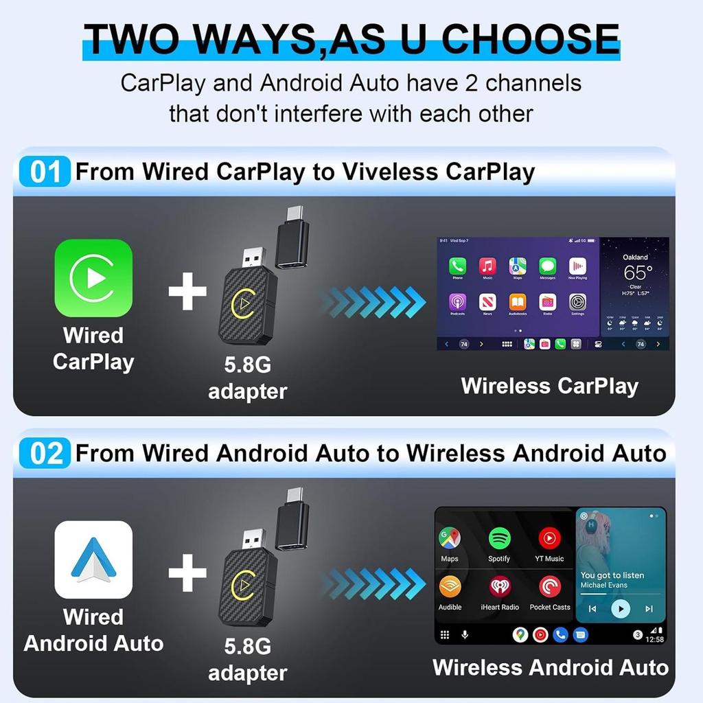 Wireless CarPlay Adapter 2in1 iPhone Android Auto USB Dongle Convert Wired to Wireless Bluetooth Car Stereo Receiver