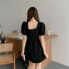 Summer Short Dress Solid Color Square Neck Waist Thin Bubble Sleeve Irregular Pleated Short Sleeve Dress