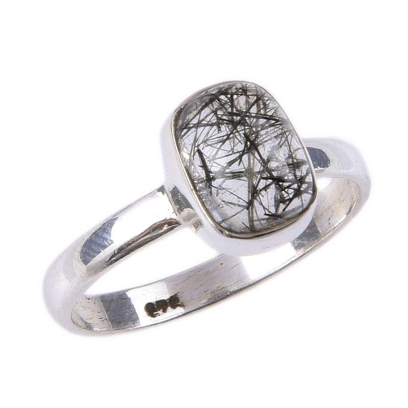 Natürlicher Schwarzer Rutil Edelstein Handgefertigt 925 Massiv Sterlingsilber Ring S.7 g0M91