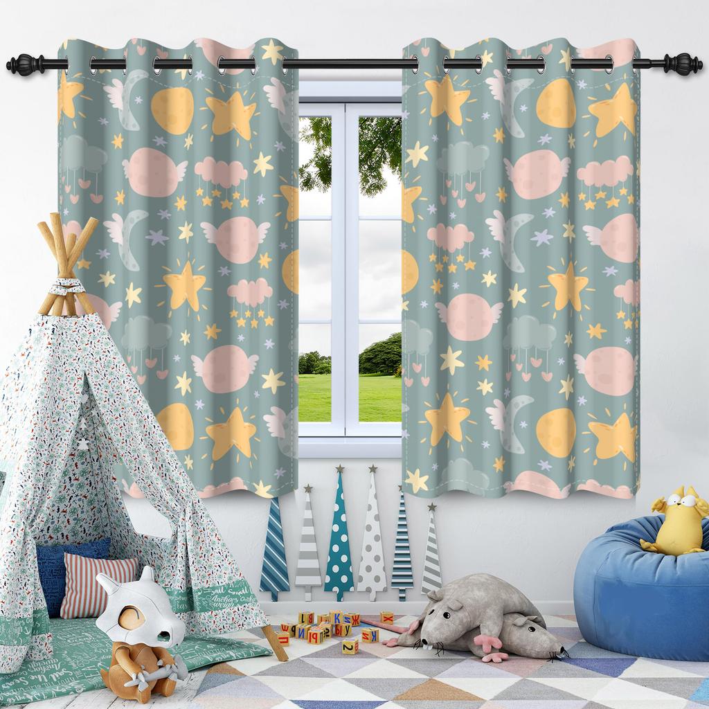 2pcs Moon Stars Window Curtains Children Bedroom Home Living Room Decoration Blackout Curtain Heat Insulation Noise Reduction