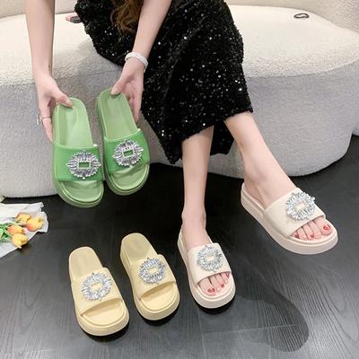 Fashion New  Summer Crystal Stones Buckle Slippers Woman Platform Sandals Thicken Heels Slides Outdoor Flipflops Ladies Muffins Shoes