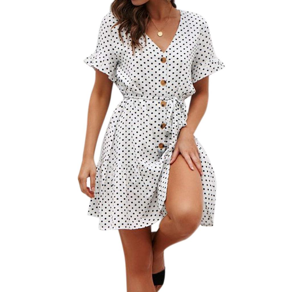 Short Polka Dot Dresses for Women V Neck Ruffles Button-Down Mini Summer Dress