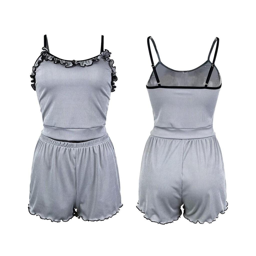 Ribbed Ruffle Camisole & Shorts Set - Women's Casual Homewear