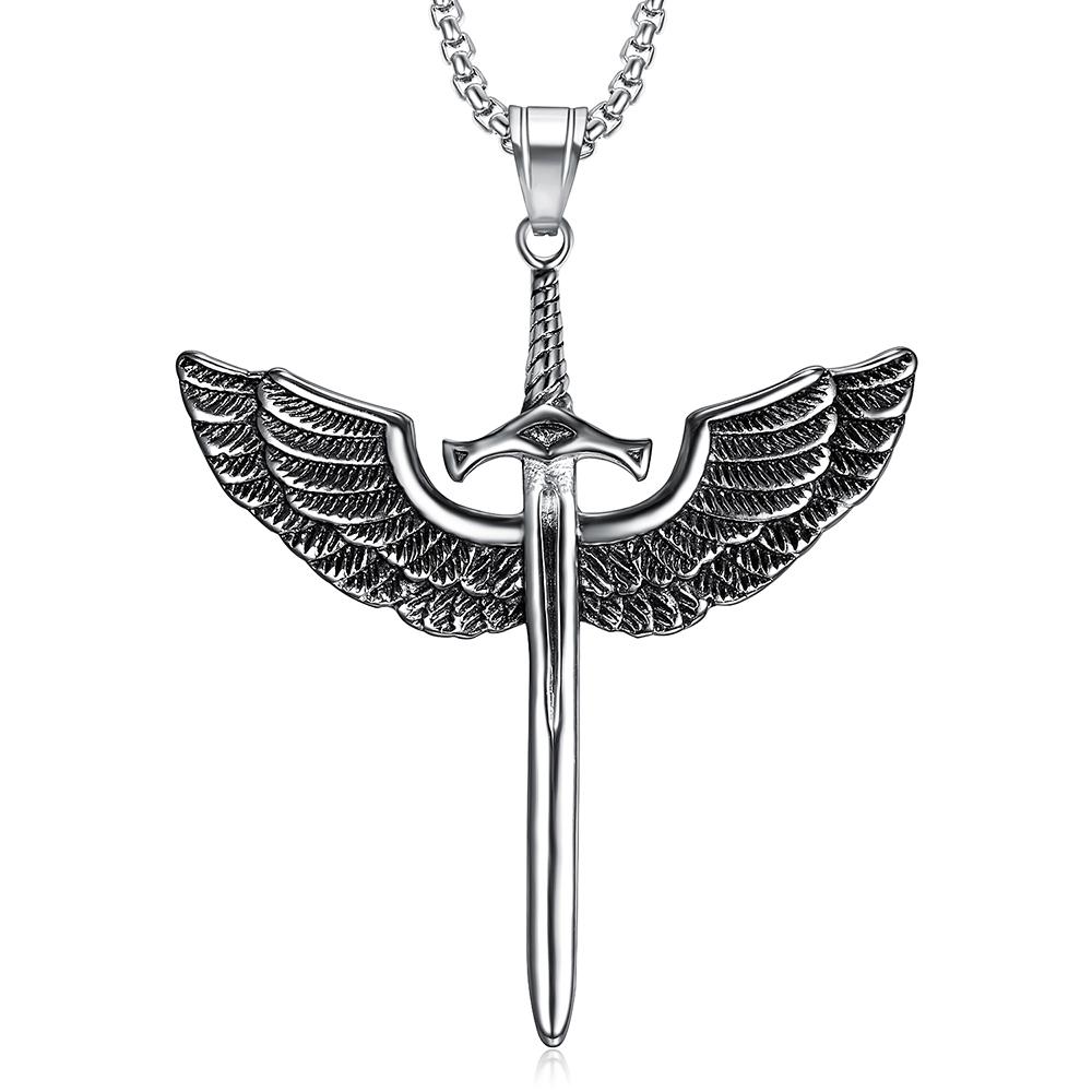 Angel Wings Pendants Necklaces for Men Women Stainless Steel Charm Chain Holy Sword Cross Pendant Unisex Jewelry Accessories