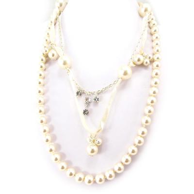 [R5216] - Designer Long Necklace 'Sissi' Ecru - 60 Cm + Adjustable Satin Cord