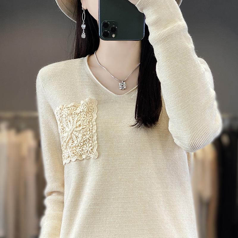 Autumn and winter new V-tie hook flower long-sleeved knitted sweater women's top fashion versatile bottoming shirt jacket