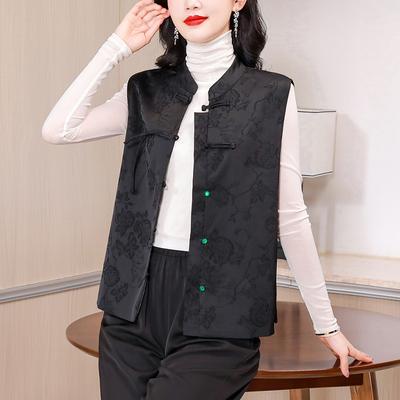New Chinese Vest for Women In Spring New Middle-aged Mother Satin Jacquard Chinese Style Retro Loose Cranshoulder Top