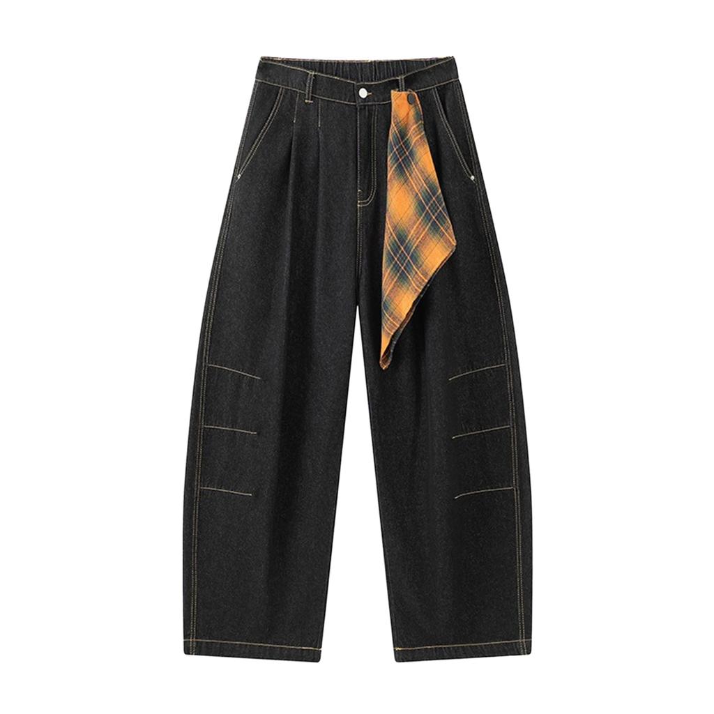 Men's Spliced Curved Pants, Loose Straight Leg Casual Jeans