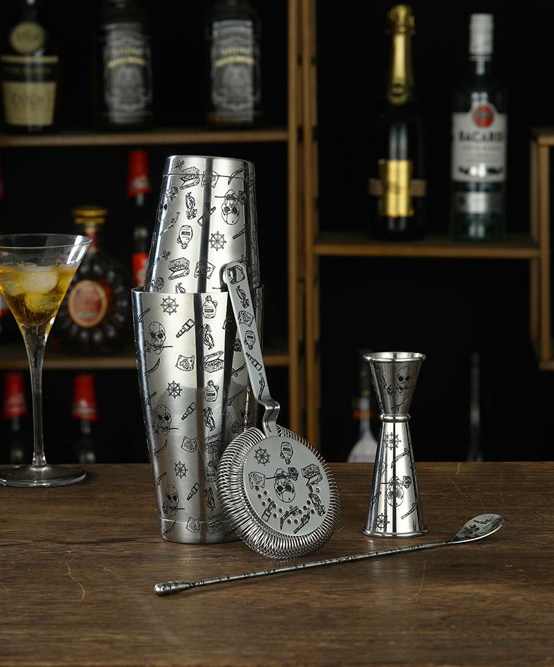 Stainless Steel 5 Piece Cocktail Set Tin-on-Tin Shaker, Jigger, Spoon and Strainer Etched W/ Skull Rose /Terracotta Army