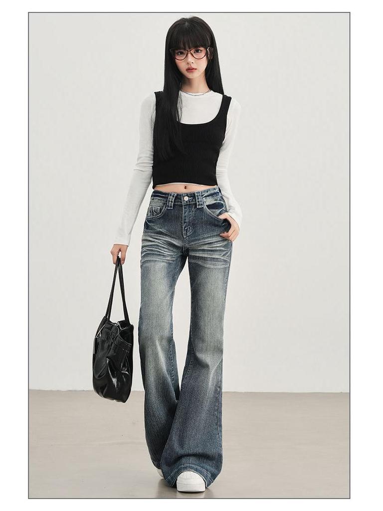 2025 Dam Lågmidjade Stretch Flare Jeans - Retro Whiskered Micro Flare