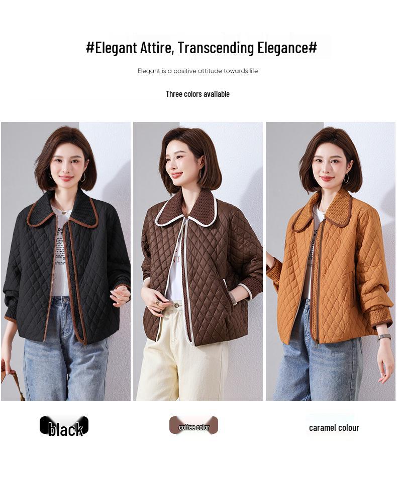 Women's Short Quilted Diamond Cotton Jacket - 2024 Autumn/Winter Casual Loose Fit for Middle-Aged Women