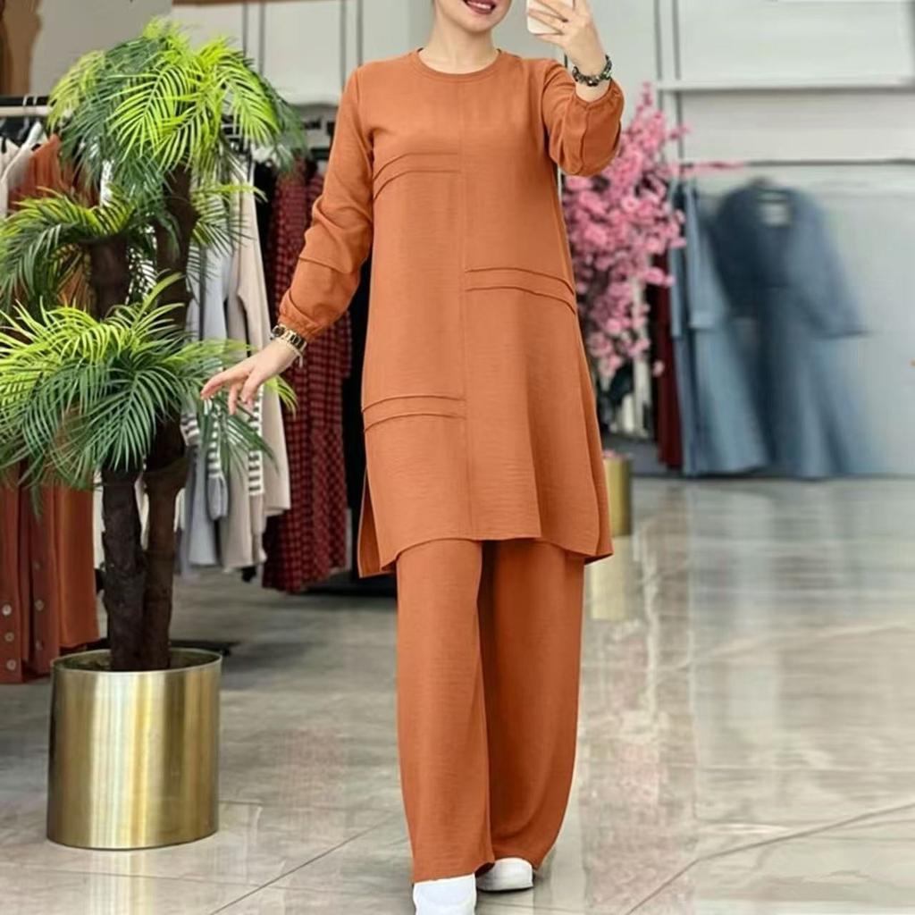 Damen Zweiteiliges Outfit Set Langarmbluse High Waist Weite Hosen Elegantes Lässiges Unifarbenes Lounge-Anzug für Frauen aus dem Nahen Osten