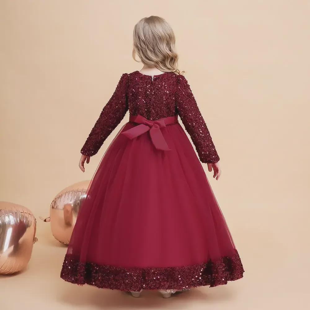 2024 Girls' Sequin Long Sleeve Evening Dress for Catwalk and Events