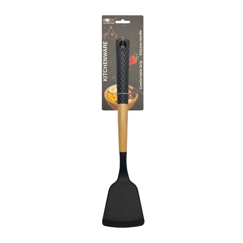 Black Wood Handle Silicone Kitchenware Set: Food-Grade Spatula, Soup Ladle & Cooking Utensils