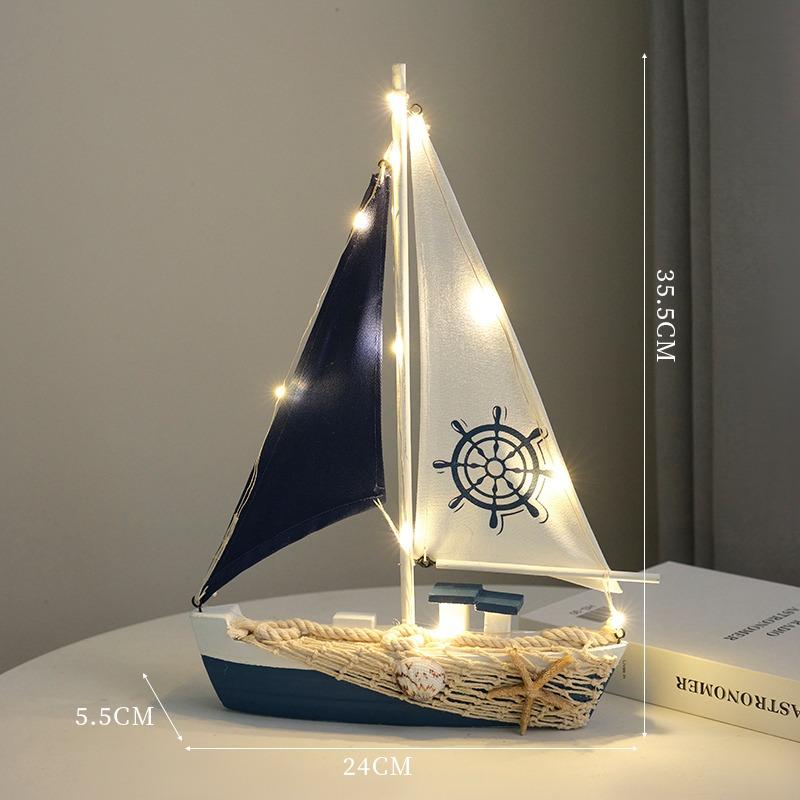 LED Wooden Sailboat Model, Nautical Mediterranean Style Home Decor, Coastal Sea Theme Tabletop Boat Ornament, Sailing Ship Gift