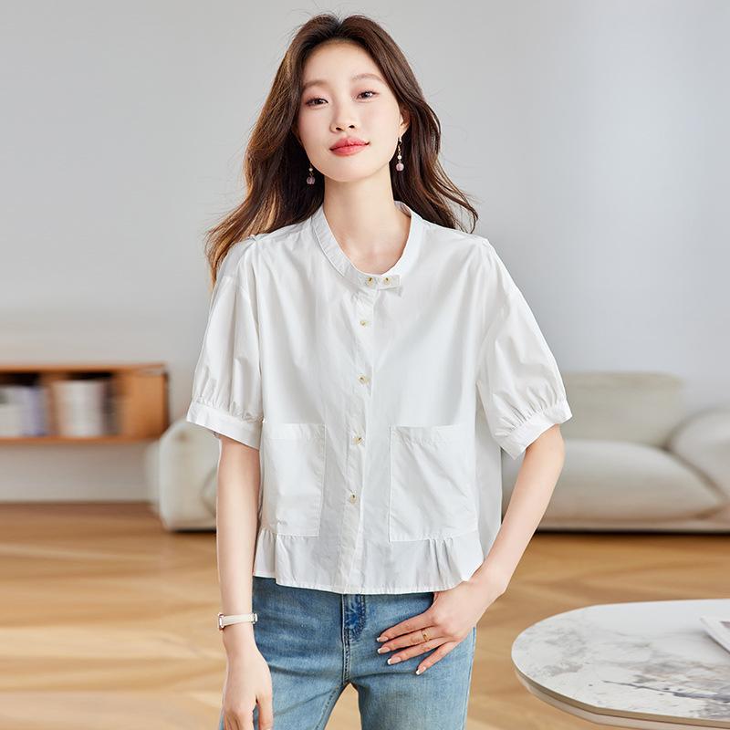 Pure Cotton Shirt Women's Summer Thin Short-sleeved New Loose Short Shirt Bubble Sleeve Top