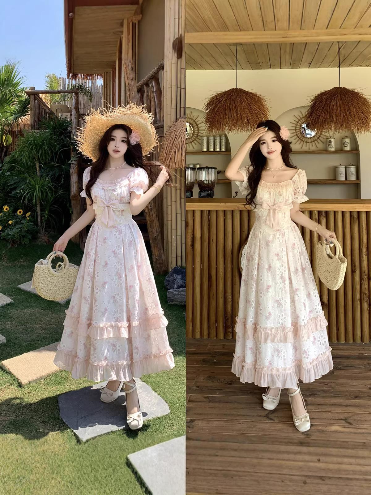 

Plus Size Women s Holiday Style Hollow Out Print Embroidered Dress with Square Neck and Waist-Cinching Short Sleeves. M