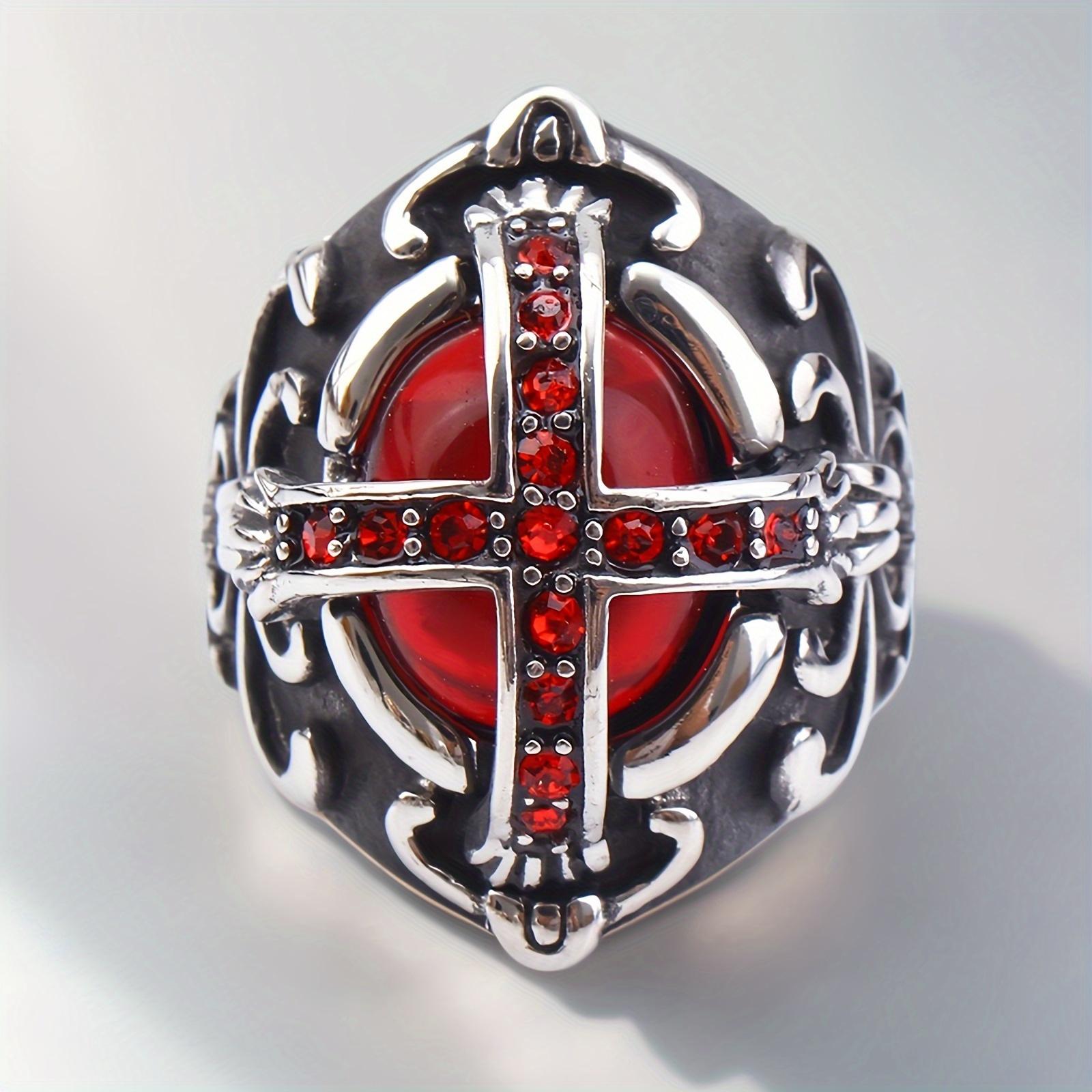 

1pc Gothic Stainless Steel Ring for Men, Hip-Hop Style with Red Synthetic Zirconia Cross Inlay, Unisex Fashion Accessory for Valentine s, Halloween, C 13