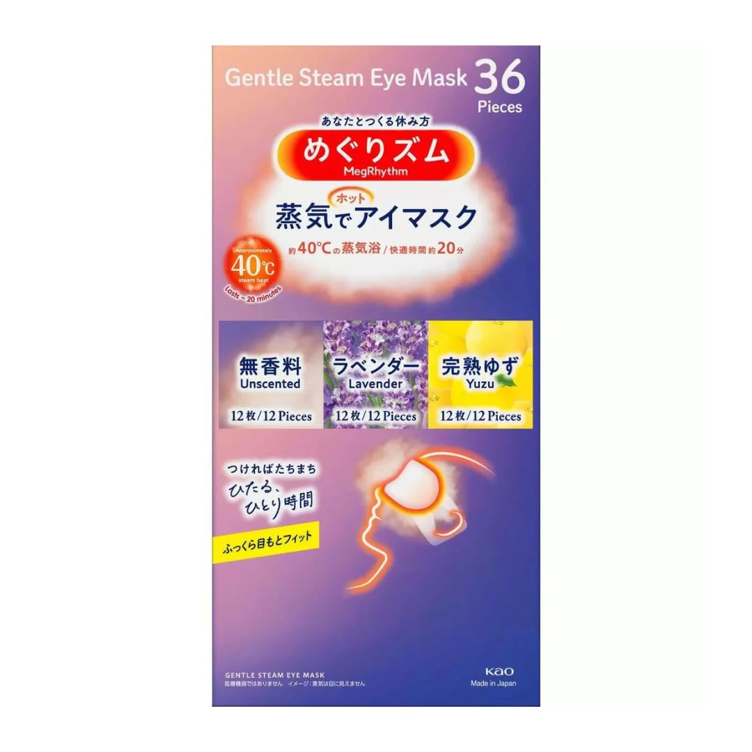 

Megurism Steam Hot Eye Masks, 36 count (12 each of Unscented, Yuzu, and Lavender) Disposable, Steam-Warming, Relaxing, and Great Sleep Gift