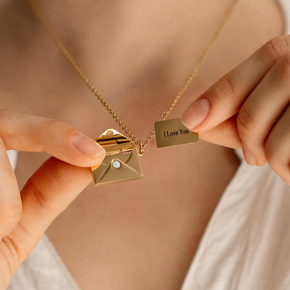 Customzied Envelope Locket Necklace Pendant For Women, Stainless Steel Love Letter Engrave Personalized Secret Message Jewelry