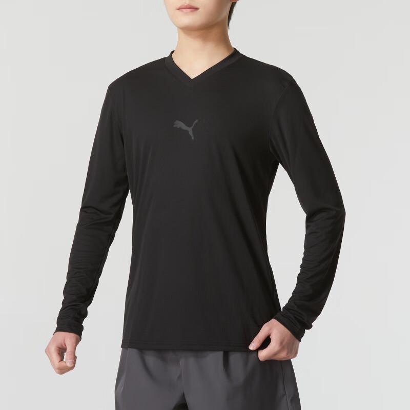 Puma Solid Color Casual Running Fitness Training Comfortable Sweat-Wicking Breathable V-Neck Long Sleeve T-Shirt Men Tops Black 658777-03
