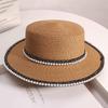 Retro pearl lace flat top straw hat women's summer outing seaside sun hat beach hat
