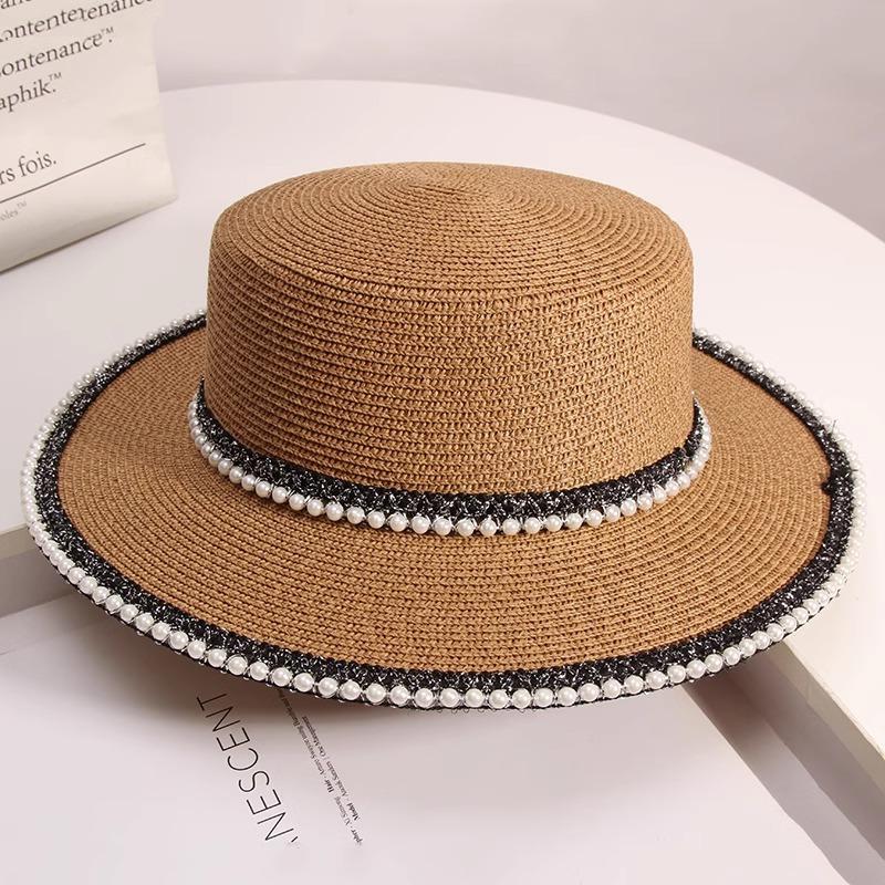 Retro pearl lace flat top straw hat women's summer outing seaside sun hat beach hat