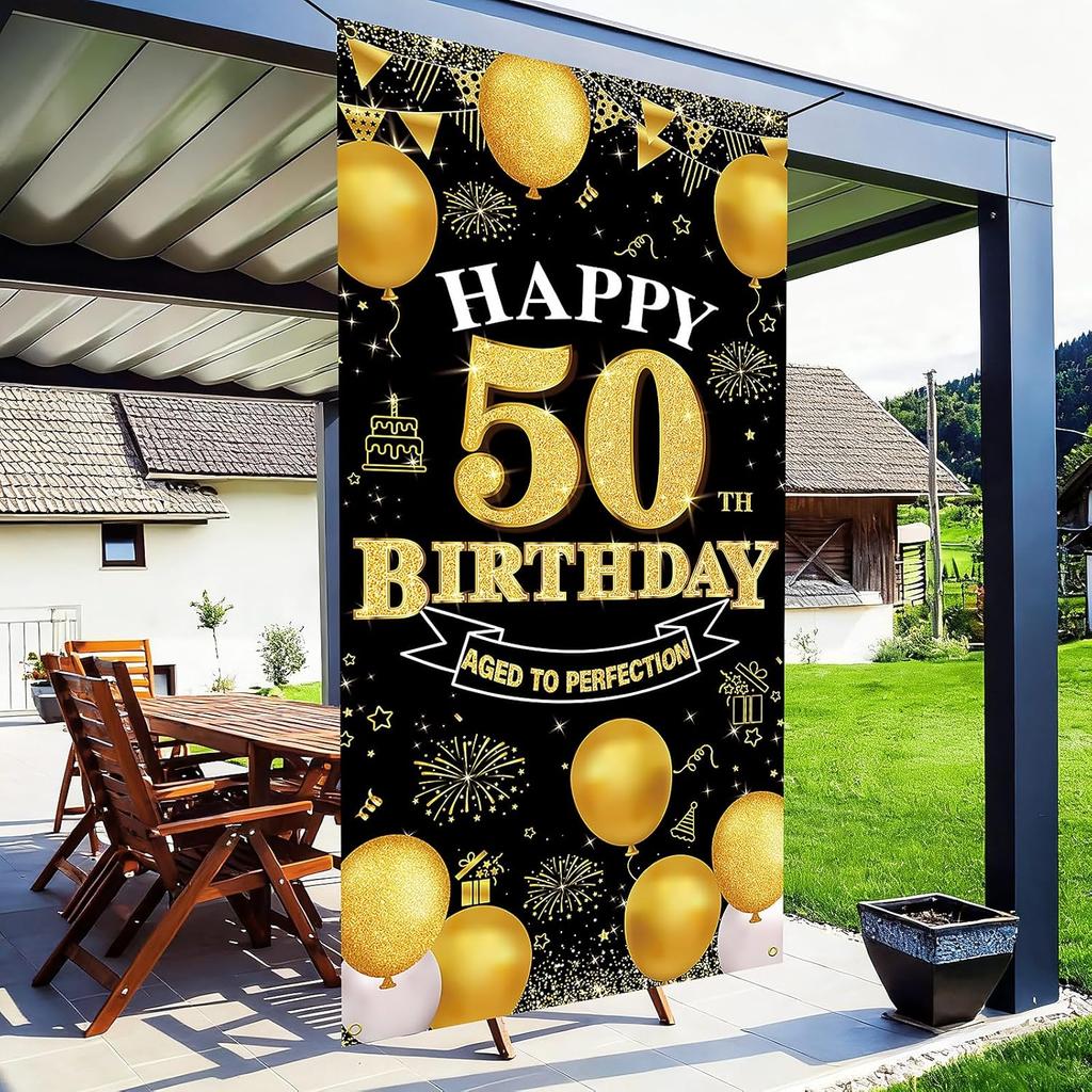 Happy 50th Birthday Decorations for Men & Women, Black Gold 50 Birthday Banner Backdrop, 50 Years Old Party Decor, Fabric Door Decor Yard Sign Photo