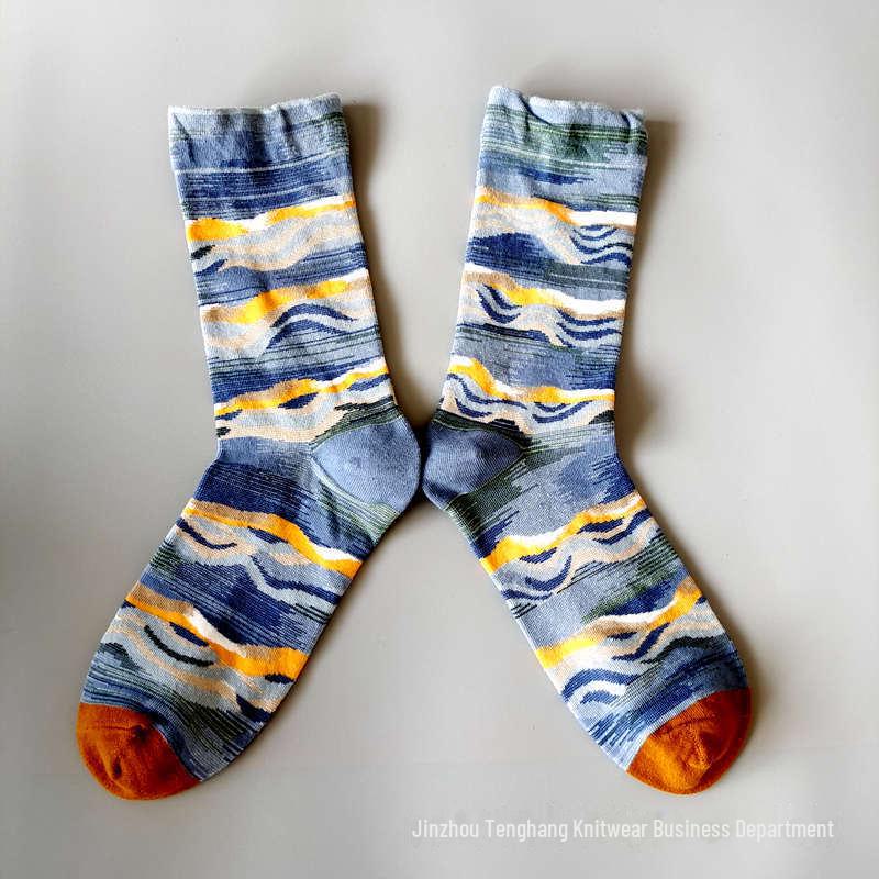 Șosete la modă cu pictură în ulei franceză: Șosete de vițel colorate, cu tub mediu-înalt, de nișă, la modă pentru femei