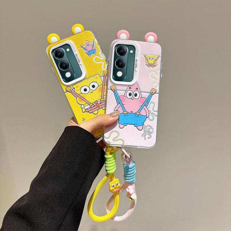 KEYSION Cute Ear Cartoon Case for VIVO Y04 Y04s with Lanyard Soft Silicone+PC Shockproof Phone Cover for VIVO Y29s Y29t 5G
