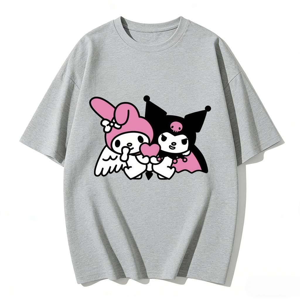 2026 New My Melody Kuromi Angel Devil Heart Cartoon Print Tshirt Family Matching Outfits Casual Short Sleeve Tee Women Unisexs