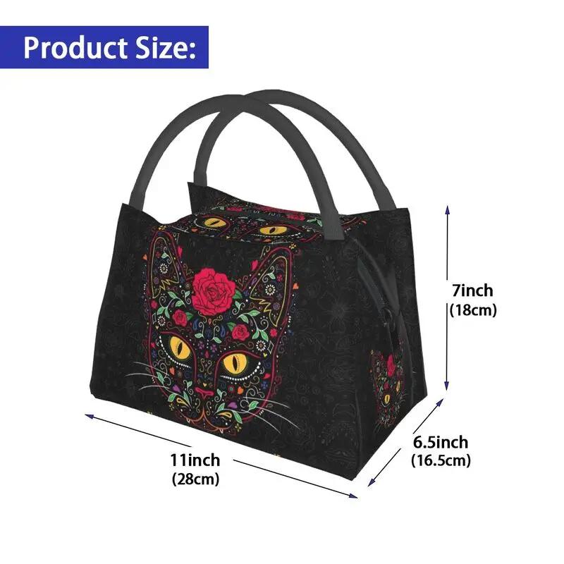 Day Of The Dead Kitten Cat Sugar Skull Thermal Insulated Lunch Bags Women Mexican Halloween Floral Lunch Container for Food Box