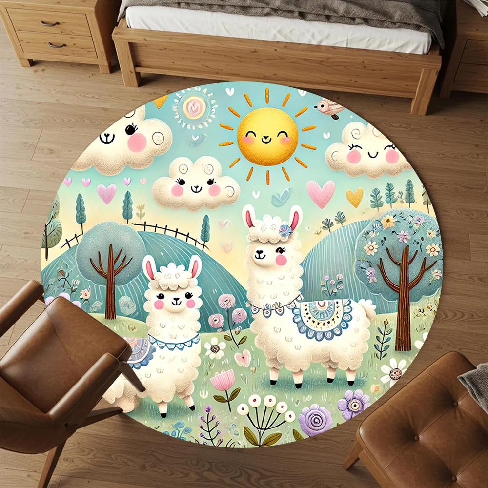 1pc Llama Flowers Round Chair Mat Area Rug - Non-Slip, Floor Mat for Office, Bedroom, and Indoor Decor -1002047