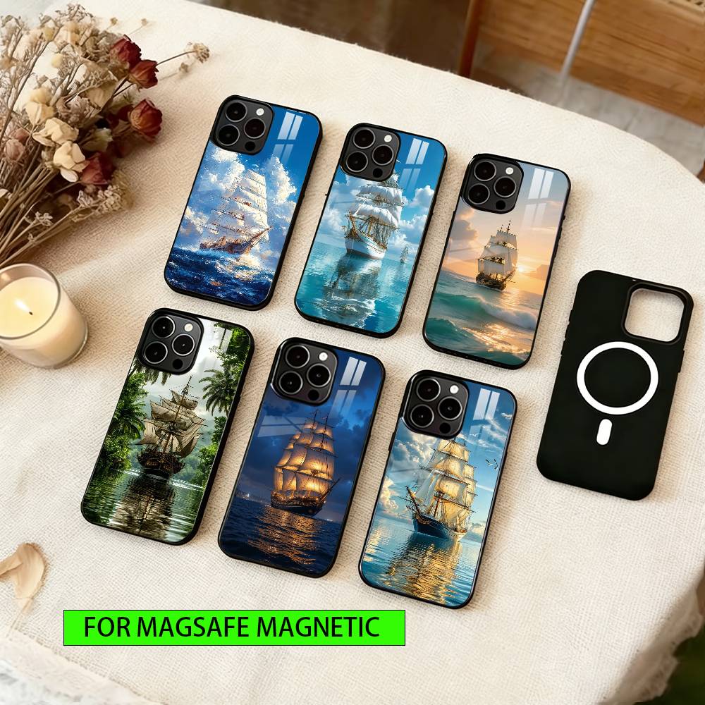 Sailing Ship Phone Case For iPhone17,16,15,14,13,12,11 Plus,Pro Magnetic For Magsafe Wireless Charging