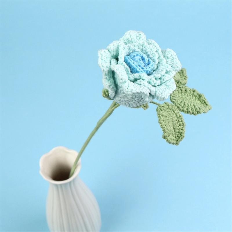 Handmade Knitted Flower Crochet Rose Flowers Artificial Flowers Home Decors Single Rose Flower Gift for Birthday Wedding