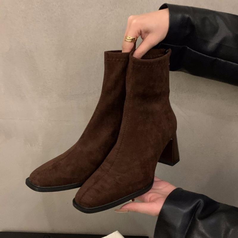 Modische neue Square Head Sexy Wildleder Lässige Arbeitsstiefel für den Winter Bequemer Reißverschluss Bankett Elegant Hohe Absätze Damenstiefel